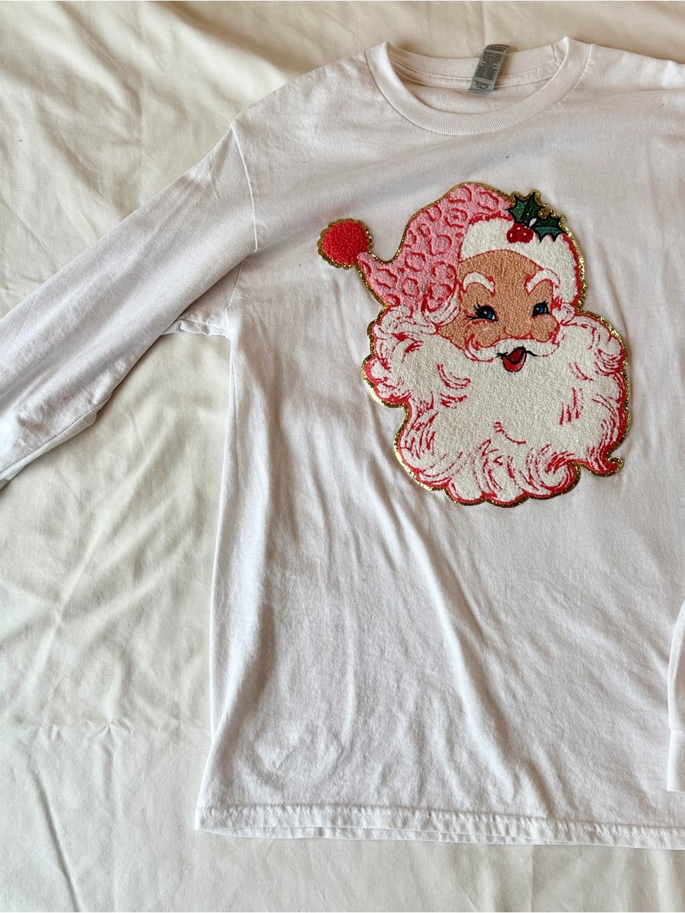 White Long-Sleeve Top with Pink Santa Appliqué